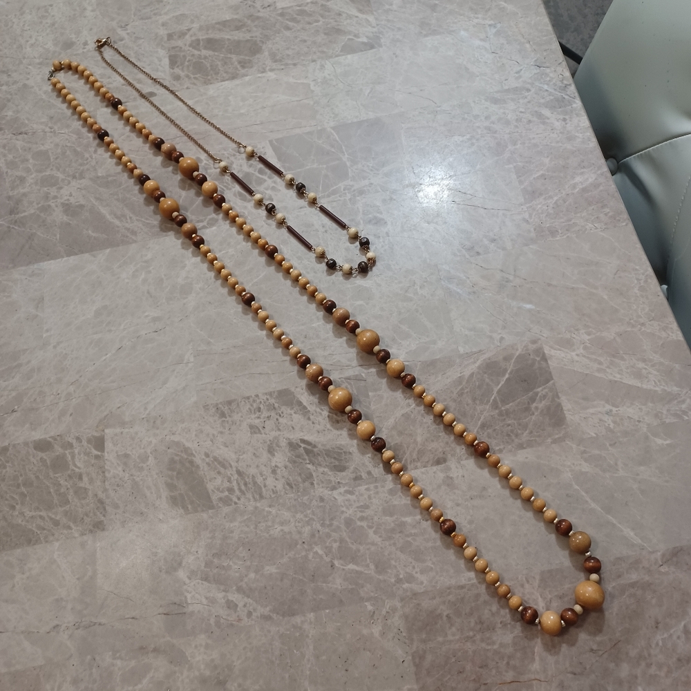 Wood Beaded Necklace Set Of 2 Brown and Cream Boho Jewelry Necklaces - Picture 7 of 9